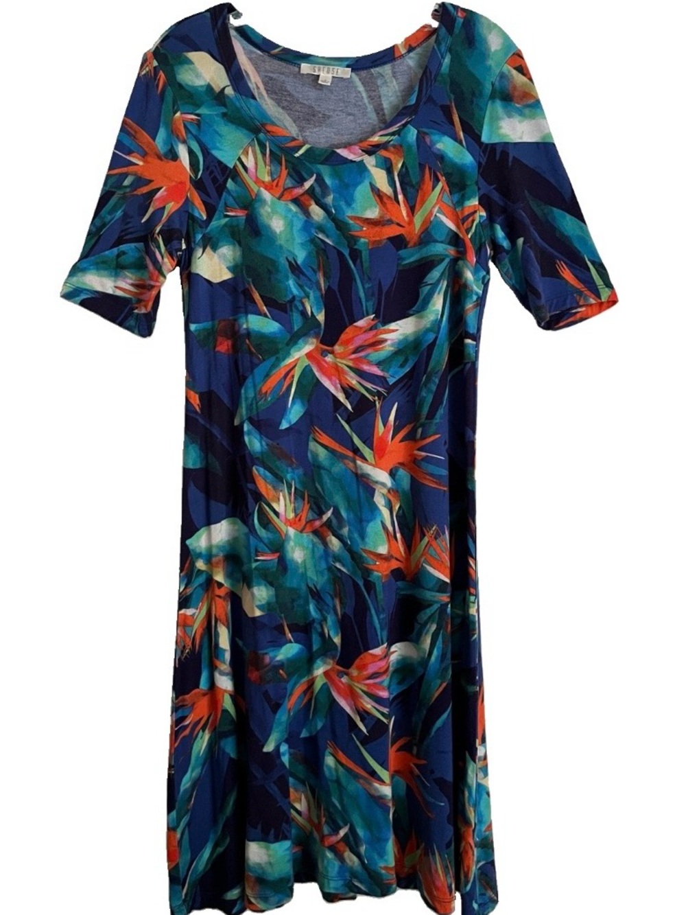 Spense Tropical-Print Dress M Blue Short Sleeve Coastal Colorful